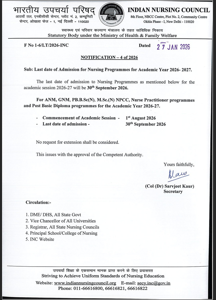 Notification No.4 Indian Nursing Council 2026